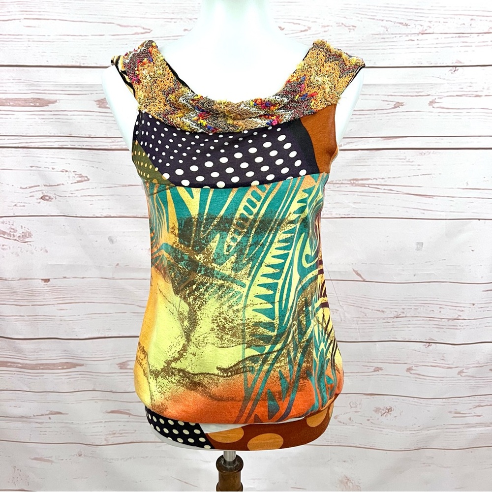 Vintage Multicolor Print Tank Top with Teal, Orange & Yellow